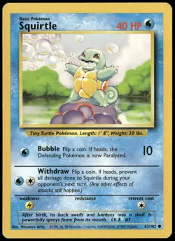 Squirtle 63/102 Base Set Non Holo Rare Vintage Pokemon Card Damaged-1 - Image 1