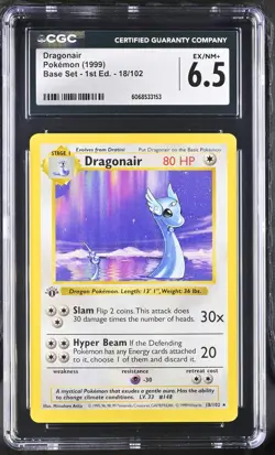 CGC 6.5 Dragonair 1999 Base Set 1st Edition Shadowless 18/102 Pokemon Card - Image 1