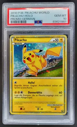 2010 Pokemon Pikachu World Pikachu Holo German Promo PSA 10 JS2 - Image 1