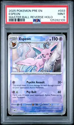 2025 POKEMON PRE EN-PRISMATIC EVOLUTIONS MASTER BALL REVERSE HOLO ESPEON PSA 9 - Image 1