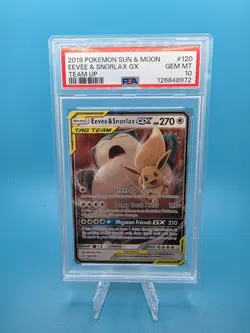PSA 10 Pokemon Sun & Moon Eevee & Snorlax GX 120/181 Tag Team Holo Rare - Image 1