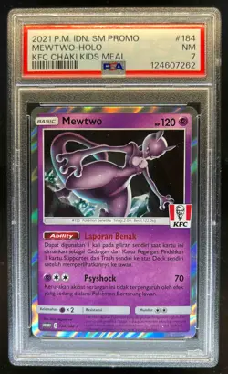 2021 Pokemon PM IDN SM Promo Mewtwo KFC Chaki Kids Meal Holo #184 PSA 7 - Image 1