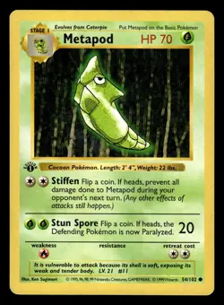 Metapod 54/102 1st Edition Shadowless Base Set Pokemon Card - Image 1