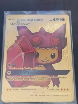 Pokemon Card Pikachu Mega Sableye Tag Cosplay Gold Metal Foil HP 480 Fan Art - Image 1