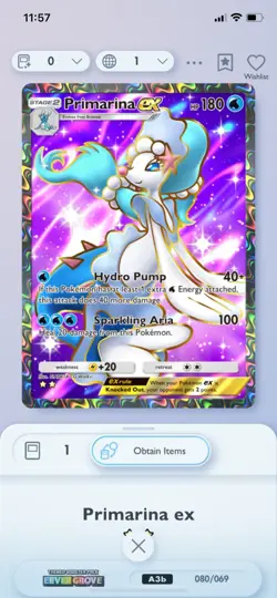 Pokemon Card Game Pocket Trading May 2 Star Card ⭐⭐ and Primarina - Image 1