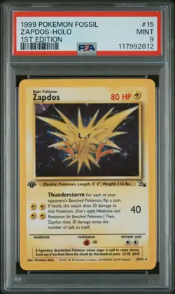 1999 Pokemon Fossil Zapdos Holo Rare 1st Edition 15/62 PSA 9 MINT - Fresh Grade! - Image 1