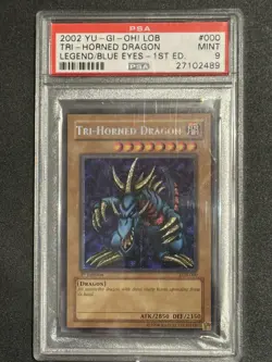 YuGiOh 1st Edition PSA 9 Mint LOB-000 Tri-Horned Dragon GLOSSY - Image 1