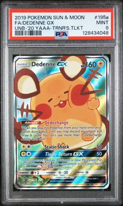2019 POKEMON SUN & MOON UNBROKEN BONDS #195A FULL ART/DEDENNE GX PSA 9 - Image 1
