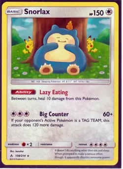 2019 POKEMON SNORLAX 158/214 -UNBROKEN BONDS- RARE- HOLO -NM/LP (S2) - Image 1