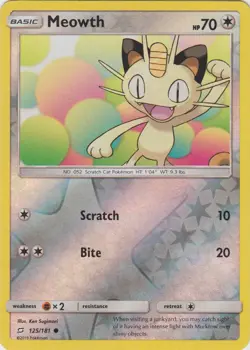Pokemon - Meowth - 125/181 - Common - Reverse Holo - Sun and Moon Team Up - NM - Image 1