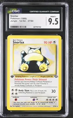 CGC 9.5 MINT+ Snorlax 1999 Jungle 1st Edition 27/64 Non Holo Rare Pokemon Card - Image 1