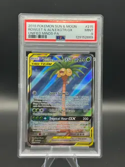 PSA 9 Rowlet & Alolan Exeggutor GX Full Alt Art Tag Team Pokemon Card #215 Mint - Image 1