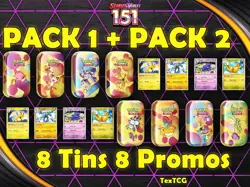 Pack 1 and Pack 2 Sams Club 151 Pokemon 4 Mini Tins + 4 Promos Bundle In Hand - Image 2