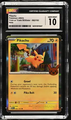 CGC Graded 10 Gem Mint Pikachu 062/196 Trick or Trade BOOster Pokemon Card Stamp - Image 1