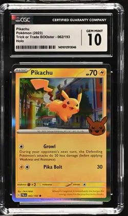 CGC Graded 10 Gem Mint Pikachu 062/196 Trick or Trade BOOster Pokemon Card Stamp - Image 1