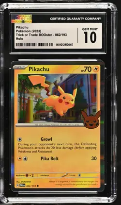 CGC Graded 10 Gem Mint Pikachu 062/196 Trick or Trade BOOster Pokemon Card Stamp - Image 1