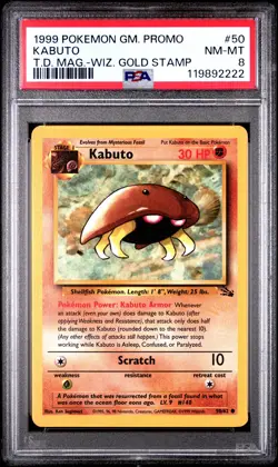 PSA 8 Kabuto 50 fossil W Wizards Gold Stamp Pokemon Promo Mint Card 1999 - Image 1