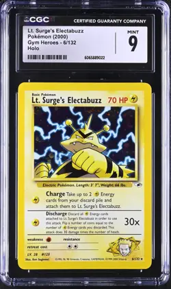 CGC 9 MINT Lt. Surge's Electabuzz Gym Heroes 6/132 Holo Pokemon Card psa - Image 1