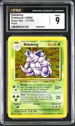 CGC 9 MINT Nidoking 1999 Base 11/102 Holo Pokemon Card psa - Image 1