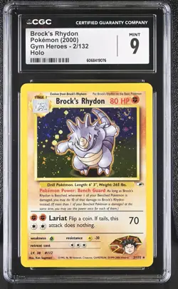 CGC 9 MINT Brock's Rhydon 2000 Gym Heroes 2/132 Holo SWIRL Pokemon Card - Image 1