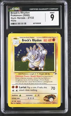 CGC 9 MINT Brock's Rhydon 2000 Gym Heroes 2/132 Holo Pokemon Card - Image 1