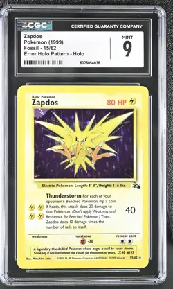 CGC 9 MINT Zapdos 1999 Fossil 15/62 Holo Pokemon Card - Image 1