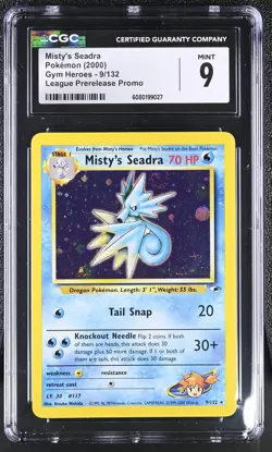 CGC 9 MINT Misty's Seadra Gym Heroes 9/132 Prerelease Holo SWIRL Pokemon Card - Image 1