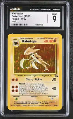 CGC 9 MINT Kabutops 1999 Fossil 9/62 Holo Pokemon Card - Image 1