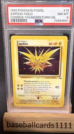 1999 POKEMON FOSSIL COSMOS-THUNDERSTORM DECK #15 ZAPDOS-HOLO PSA 8 P2 - Image 1