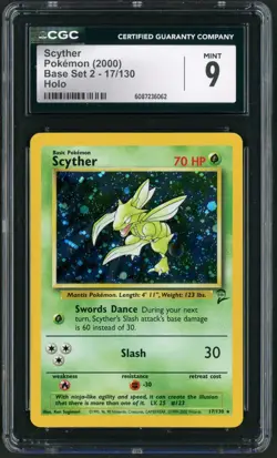2000 Pokemon Base Set 2 Scyther Holo Rare 17/130 CGC Mint 9 - Image 1