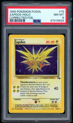 1999 Pokemon Fossil #15 Zapdos Corrected Holo PSA 8 NM-MT - Image 1