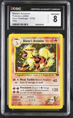 CGC 8 Blaine's Arcanine 2000 Gym Challenge 1/132 Holo SWIRL Pokemon Card - Image 1