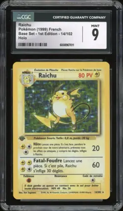 1999 Pokemon FRENCH 1st Edition Base Set Raichu Holo 14/102 CGC 9 MINT - Image 1