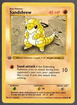 Sandshrew Pokemon 1st Edition Base Set 62/102 LP-NM Non-Holo Shadowless Common - Image 1