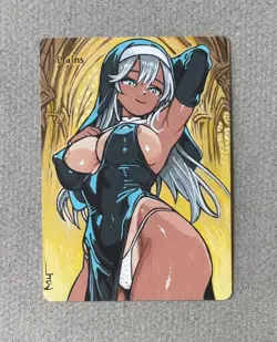 Magic MTG Altered Painted Plains Nun Anime Girl by white_alters - Image 1