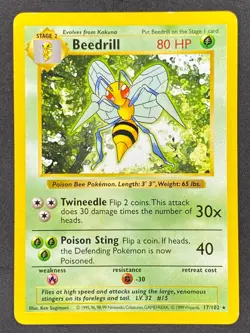Pokemon Beedrill Shadowless 17/102 BS Base Set Unlimited LP/NM - Image 1