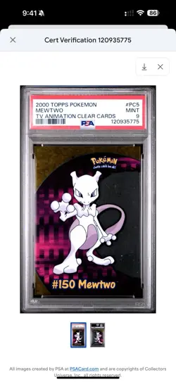Mewtwo 2000 Topps Pokemon Tv Animation Clear Cards #pc5 Psa 9 - Image 1