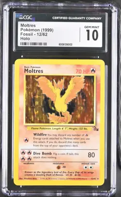 CGC 10 GEM MINT 1999 Moltres 12/62 Fossil Unlimited Holo Pokemon TCG - Image 1