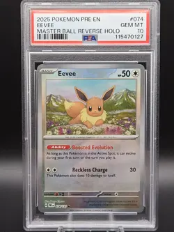 2025 POKEMON PRISMATIC EVOLUTIONS #074 EEVEE MASTER BALL REVERSE HOLO PSA 10 - Image 1