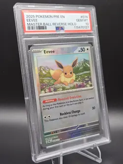 2025 POKEMON PRISMATIC EVOLUTIONS #074 EEVEE MASTER BALL REVERSE HOLO PSA 10 - Image 3