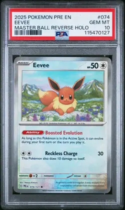2025 POKEMON PRISMATIC EVOLUTIONS #074 EEVEE MASTER BALL REVERSE HOLO PSA 10 - Image 4