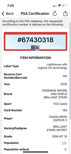 2022 Pokemon Brilliant Stars Galarian Zapdos V Gold Secret Rare 182/172 PSA 10 - Image 3