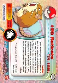 RATICATE #20 - BLUE Logo - NON-HOLO - SERIES 1 - TOPPS Pokemon Card - LP/MP - Image 2