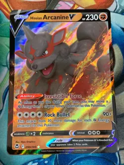 C1016 POKEMON TCG HISUIAN ARCANINE V NM-LP CARD HOLO #090 SILVER TEMPEST RARE - Image 1