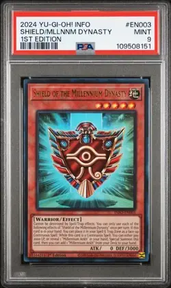 PSA 9 1ST ED SHIELD OF THE MILLENIUM DYNASTY 2024 INFO-EN003 YUGIOH CARD - Image 1