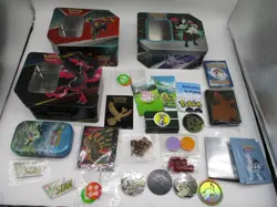 POKEMON TCG LOT OF TINS DICE SUPPLYS ENERGY CARDS ALL YOU SEE HERE PRE-OWNED - Image 1