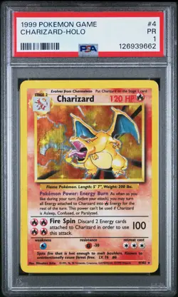 1999 POKEMON BASE SET UNLIMITED #4 CHARIZARD-HOLO PSA 1 - Image 1