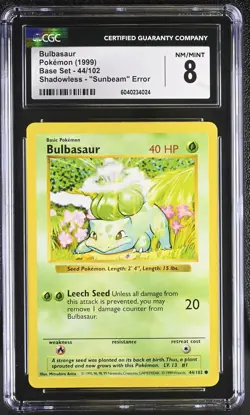 CGC 8 Bulbasaur 1999 Base Set 44/102 Shadowless Sunbeam Error Pokemon Card - Image 1