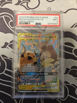 2019 POKEMON SUN & MOON UNIFIED MINDS #54 RAICHU & ALOLAN RAICHU GX PSA 9 - Image 1