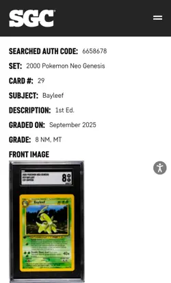 2000 POKEMON NEO GENESIS 1ST EDITION #29 BAYLEEF SGC 8 NM MINT - Image 3